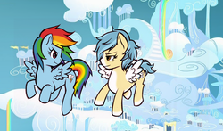 Size: 800x470 | Tagged: safe, artist:christinies, rainbow dash, oc, oc:nimbus breeze, g4, cloudsdale, flying