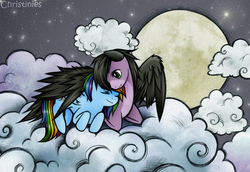 Size: 800x549 | Tagged: safe, artist:christinies, artist:ex626akakeon, rainbow dash, oc, oc:skywind, g4, canon x oc, cloud, cloudy, cuddling, eyes closed, female, male, moon, night, shipping, snuggling, straight