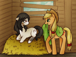 Size: 750x567 | Tagged: safe, artist:christinies, applejack, oc, oc:shadow moon, g4, blanket, straw