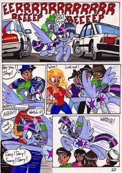 Size: 1280x1806 | Tagged: safe, artist:newyorkx3, spike, twilight sparkle, alicorn, dragon, pony, comic:twilight and the big city, g4, bag, cameo, car, comic, easter egg, female, flying, male, mare, mercedes-benz, police, saddle bag, tara strong, traditional art, twilight sparkle (alicorn)