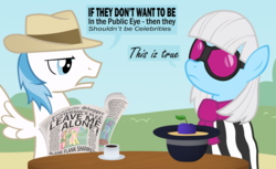 Size: 900x552 | Tagged: dead source, safe, artist:equestria-election, fluttershy, photo finish, trixie, g4, green isn't your color, blackletter, clothes, dress, fedora, flashbulb, hat, herbivore, male, newspaper, plum, sunglasses, the simpsons