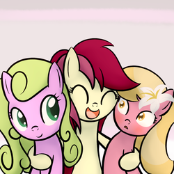 Size: 800x800 | Tagged: safe, artist:why485, daisy, flower wishes, lily, lily valley, roseluck, earth pony, pony, g4, blushing, eyes closed, female, flower trio, hug, mare, smiling, trio, trio female