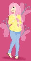 Size: 900x1733 | Tagged: safe, artist:thephantomsdiva, fluttershy, human, g4, clothes, female, humanized, light skin, pants, sandals, solo, sweater, sweatershy