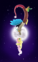 Size: 600x971 | Tagged: safe, artist:charzymon, discord, fluttershy, g4, backlighting, flying, moon, night, ship:discoshy, shipping