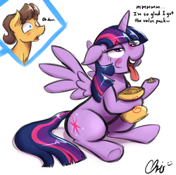 Size: 1577x1565 | Tagged: safe, artist:nekocrispy, caramel, twilight sparkle, g4, ahegao, text, twilight sparkle (alicorn), wingboner