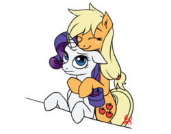 Size: 559x435 | Tagged: safe, artist:rostytooth, applejack, rarity, g4, eyes closed, female, floppy ears, fluffy, frown, hug, leaning, lesbian, raised eyebrow, ship:rarijack, shipping, simple background, smiling, transparent background