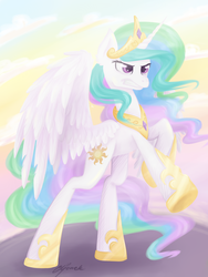 Size: 1024x1365 | Tagged: dead source, safe, artist:eljonek, princess celestia, alicorn, pony, g4, angry, female, mare, rearing, solo, spread wings, wings