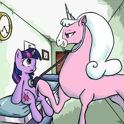 Size: 800x800 | Tagged: artist needed, safe, twilight sparkle, g4, clock, crossover, doctor lollipop, eye chart, eye contact, listening, looking at each other, rapeface, stethoscope