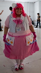 Size: 908x1600 | Tagged: safe, artist:lupinia, pinkie pie, human, bronycon, bronycon 2011, g4, clothes, cosplay, dress, gala dress, irl, irl human, photo