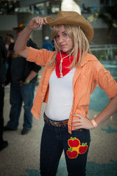 Size: 3162x4743 | Tagged: safe, artist:mooshuu, applejack, human, g4, bandana, clothes, comikaze expo, convention, cosplay, irl, irl human, jeans, photo