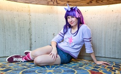 Size: 900x553 | Tagged: safe, artist:twinklebatcosplay, twilight sparkle, human, g4, clothes, cosplay, cutie mark on clothes, irl, irl human, photo, solo