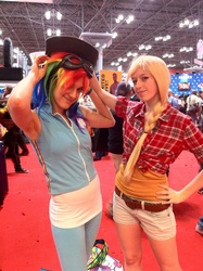 Size: 1936x2592 | Tagged: artist needed, safe, applejack, rainbow dash, human, g4, accessory swap, convention, cosplay, goggles, irl, irl human, new york comic con 2011, nycc, photo