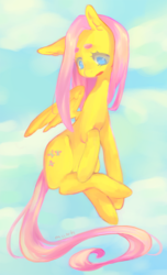 Size: 750x1237 | Tagged: safe, artist:miinti, fluttershy, pegasus, pony, g4, beanbrows, eyebrows, female, flying, sky background, solo, thick eyebrows