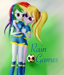 Size: 768x900 | Tagged: safe, artist:jabbie64, cloudy kicks, rainbow dash, equestria girls, g4, background human, cloudydash, fanfic art, fanfic cover, female, lesbian, shipping