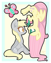 Size: 900x1100 | Tagged: safe, artist:otterlore, derpy hooves, fluttershy, butterfly, pegasus, pony, g4, bubble, cute, derpyshy, eye contact, female, gift giving, lesbian, looking at each other, mare, present, profile, shipping, upside down