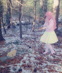 Size: 814x960 | Tagged: safe, artist:mintyblitzz, fluttershy, human, g4, cosplay, female, irl, irl human, outdoors, photo, plushie, snow, solo