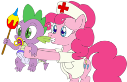 Size: 800x520 | Tagged: safe, artist:lycanianspike, pinkie pie, spike, g4, baby, diaper, maracas, musical instrument, nurse, pacifier