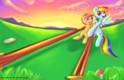 Size: 1024x663 | Tagged: safe, artist:katurkeyg, rainbow dash, scootaloo, pegasus, pony, g4, duo, hilarious in hindsight, slingshot, sunrise, this will end in tears