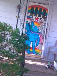 Size: 1280x1707 | Tagged: safe, rainbow dash, g4, door, fence, house, irl, painting, photo