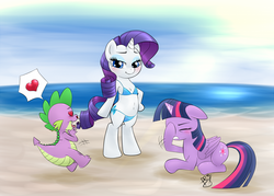 Size: 1200x859 | Tagged: safe, artist:pia-sama, rarity, spike, twilight sparkle, alicorn, pony, g4, beach, belly button, bikini, bipedal, blood, clothes, facehoof, facepalm, fallen get, female, implied chestbreasts, male, mare, nosebleed, ship:sparity, shipping, straight, swimsuit, twilight sparkle (alicorn)