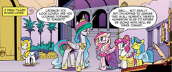 Size: 960x406 | Tagged: safe, idw, official comic, diamond rose, lemony gem, princess cadance, princess celestia, alicorn, pegasus, pony, unicorn, g4, neigh anything, spoiler:comic, spoiler:comic12, candle, clothes, dress, female, implied sunset shimmer, male, mare, quill, royal guard, speech bubble, stallion, whistling