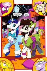 Size: 1964x2964 | Tagged: safe, artist:andypriceart, buck withers, cheerilee, flank thrasher, gizmo, mayor mare, shining armor, earth pony, pegasus, pony, unicorn, g4, idw, neigh anything, spoiler:comic, spoiler:comic12, 80s, 80s cheerilee, 80s mayor mare, background pony, balloon, basketball net, bow, clothes, crossdressing, dancing, disco ball, do not want, drag queen, dress, ear clip, female, floppy ears, frown, glasses, grin, gritted teeth, hair bow, heart, heart eyes, lipstick, male, misspelling, open mouth, raised eyebrow, smiling, stallion, unnamed character, unnamed pony, varying degrees of want, wide eyes, young shining armor