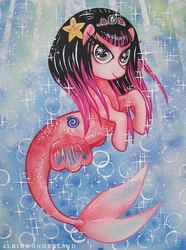 Size: 661x890 | Tagged: safe, artist:albinwonderland, oc, oc only, merpony, bubble, crown, dorsal fin, female, fish tail, jewelry, looking at you, ocean, regalia, smiling, smiling at you, solo, sparkles, tail, traditional art, underwater, water