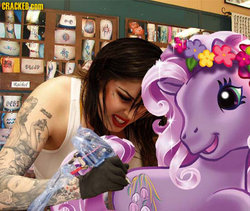 Size: 548x462 | Tagged: safe, wysteria, earth pony, human, pony, g3, clothes, cracked.com, cutie mark, female, irl, irl human, mare, open mouth, open smile, photo, photoshop, picture, smiling, tail, tank top, tattoo, tattoo artist