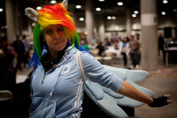 Size: 4743x3162 | Tagged: safe, artist:mooshuu, rainbow dash, human, g4, 2011, clothes, comikaze expo, convention, convetion, cosplay, derp, fingerless gloves, gloves, irl, irl human, photo