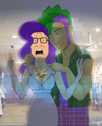 Size: 485x600 | Tagged: safe, artist:albinwonderland, edit, rarity, spike, human, g4, bwah, female, hank hill, humanized, king of the hill, male, ship:sparity, shipping, straight, traditional art