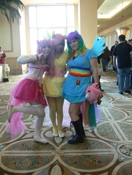 Size: 2448x3264 | Tagged: artist needed, safe, fluttershy, pinkie pie, rainbow dash, human, g4, 2011, convention, cosplay, irl, irl human, oni-con, photo