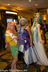 Size: 683x1024 | Tagged: artist needed, safe, fluttershy, princess celestia, princess luna, human, g4, 2012, anime los angeles, cosplay, irl, irl human, photo