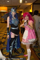 Size: 683x1024 | Tagged: safe, artist:allison1derlnd, artist:kimba616, nightmare moon, pinkie pie, human, g4, 2012, anime los angeles, convention, cosplay, irl, irl human, partillery, party cannon, photo