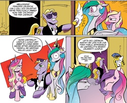Size: 1040x840 | Tagged: safe, artist:andypriceart, idw, buck withers, princess cadance, princess celestia, alicorn, pegasus, pony, unicorn, g4, neigh anything, official, spoiler:comic, spoiler:comic12, celestia is not amused, comic, eyes closed, faic, female, i've seen some shit, male, mare, royal guard, shocked, smiling, stallion, sunglasses, thousand yard stare, unamused, whispering, wide eyes