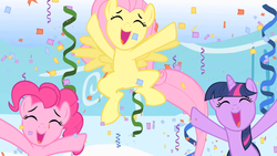 Size: 1280x720 | Tagged: safe, screencap, fluttershy, pinkie pie, twilight sparkle, g4, sonic rainboom (episode), cheering, confetti, cute, diapinkes, eyes closed, open mouth, shyabetes, spread arms, spread wings, streamers, twiabetes, wings