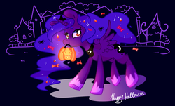 Size: 1800x1090 | Tagged: safe, artist:pepooni, princess luna, g4, candy, female, glowing, halloween, jack-o-lantern, nightmare night, pumpkin, solo