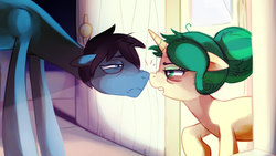 Size: 1645x925 | Tagged: safe, artist:pepooni, oc, oc only, pony, unicorn, door, female, male, mare, morning ponies, stallion, tired