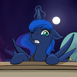 Size: 1000x1000 | Tagged: safe, artist:theparagon, princess luna, hunted luna, g4, colored pupils, female, moon, solo, stars, window
