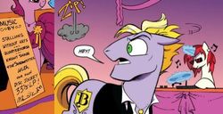 Size: 484x247 | Tagged: safe, idw, official comic, 33 1-3 lp, buck withers, long play, earth pony, pony, unicorn, friendship is magic #12, g4, neigh anything, spoiler:comic, background pony, glowing horn, horn, levitation, magic, magic aura, male, men without hats, music notes, quarterflash, quarterhorse, record, record player, stallion, stallions without hats, sunglasses, telekinesis, unnamed character, unnamed pony, zip lines