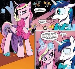 Size: 625x578 | Tagged: safe, idw, official comic, 8-bit (g4), buck withers, flank thrasher, gaffer, gizmo, princess cadance, shining armor, alicorn, earth pony, pegasus, pony, unicorn, g4, neigh anything, spoiler:comic, spoiler:comic12, blushing, bowtie, clothes, crossdressing, dress, female, flower, flower in hair, gibberish, jewelry, levitation, magic, male, mare, ship:shiningcadance, shipping, shoes, stallion, straight, stupid sexy princess cadance, suit, suspended, swag, telekinesis