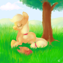 Size: 1250x1250 | Tagged: safe, artist:comikazia, applejack, g4, eyes closed, female, grass, prone, solo, tree