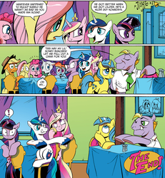 Size: 1037x1121 | Tagged: safe, artist:andypriceart, idw, official comic, applejack, buck withers, fluttershy, lemony gem, pinkie pie, princess cadance, rainbow dash, rarity, shining armor, twilight sparkle, alicorn, earth pony, pegasus, pony, unicorn, g4, neigh anything, spoiler:comic, spoiler:comic12, clothes, comic, faic, female, lemonywithers, male, mane six, mare, shipping, shirt, speech bubble, stallion, straight, wink