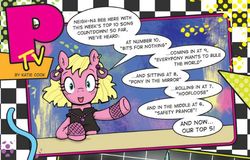 Size: 557x357 | Tagged: safe, artist:katie cook, idw, official comic, neigh-na bee, earth pony, pony, friendship is magic #12, g4, 80s, armpits, dire straits, ear clip, ear piercing, earring, everybody wants to rule the world, female, footloose, jewelry, kenny loggins, man in the mirror, mare, men without hats, michael jackson, money for nothing, mtv, necklace, piercing, ptv, safety dance, solo, song reference, tears for fears