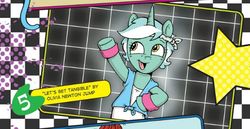 Size: 594x307 | Tagged: safe, artist:katie cook, idw, official comic, lyra heartstrings, pony, unicorn, friendship is magic #12, g4, 80s, background pony, bipedal, female, hairband, heartstrings, mare, olivia newton jump, olivia newton-john, physical, ptv, pun, solo, song reference, sweatband