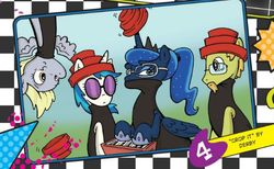 Size: 543x334 | Tagged: safe, artist:katie cook, idw, official comic, derpy hooves, dj pon-3, lorne, princess luna, vinyl scratch, alicorn, earth pony, pegasus, pony, unicorn, g4, spoiler:comic, spoiler:comic12, 80s, 80s princess luna, background pony, derby, derpy being derpy, devo, energy dome, female, glasses, katie cook, keyboard, male, mare, musical instrument, ptv, song reference, stallion, upside down, whip it