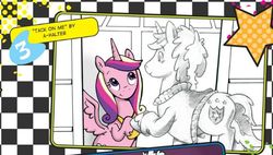 Size: 589x335 | Tagged: safe, artist:katie cook, idw, official comic, princess cadance, shining armor, alicorn, pony, unicorn, g4, spoiler:comic, spoiler:comic12, 80s, a-ha, a-halter, female, male, mare, pencil drawing, ptv, song reference, stallion, take on me, traditional art
