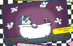 Size: 515x327 | Tagged: safe, artist:katie cook, idw, official comic, fancypants, bird, pony, unicorn, friendship is magic #12, g4, spoiler:comic, 80s, bathtub, claw foot bathtub, flying, male, prance, prince (musician), ptv, rose petals, song reference, stallion, stupid sexy fancypants, when doves cry