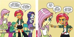 Size: 985x493 | Tagged: safe, idw, official comic, babs seed, fluttershy, indigo blast, midfield score, rarity, equestria girls, g4, my little pony annual 2013, spoiler:comic, female, older, skinny, skinny fluttershy, skinny rarity, thin