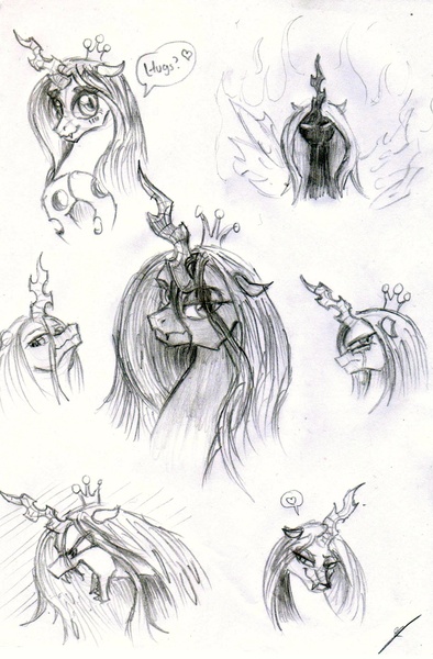 Safe Artist Thedrunkcoyote Queen Chrysalis Changeling Changeling Queen Crying Cute Cutealis Female Heart Monochrome Sketch Dump Speech Bubble Traditional Art Derpibooru