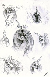 Size: 1562x2381 | Tagged: safe, artist:thedrunkcoyote, queen chrysalis, changeling, changeling queen, g4, crown, crying, cute, cutealis, female, heart, jewelry, monochrome, regalia, sketch dump, speech bubble, traditional art